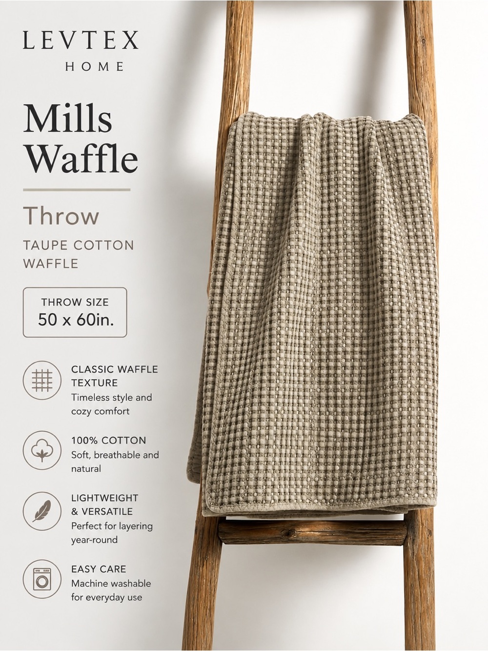 Levtex Home - Mills Waffle - Throw - Taupe Cotton Waffle - Throw Size 50 x 60in.
